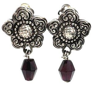 Stephen Dweck Sterling Silver 925 Clip-On Earrings Floral Design & Garnet Beads